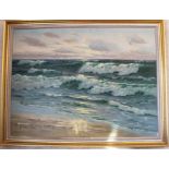 Twentieth century Continental school oil on canvas - waves breaking on the shore,