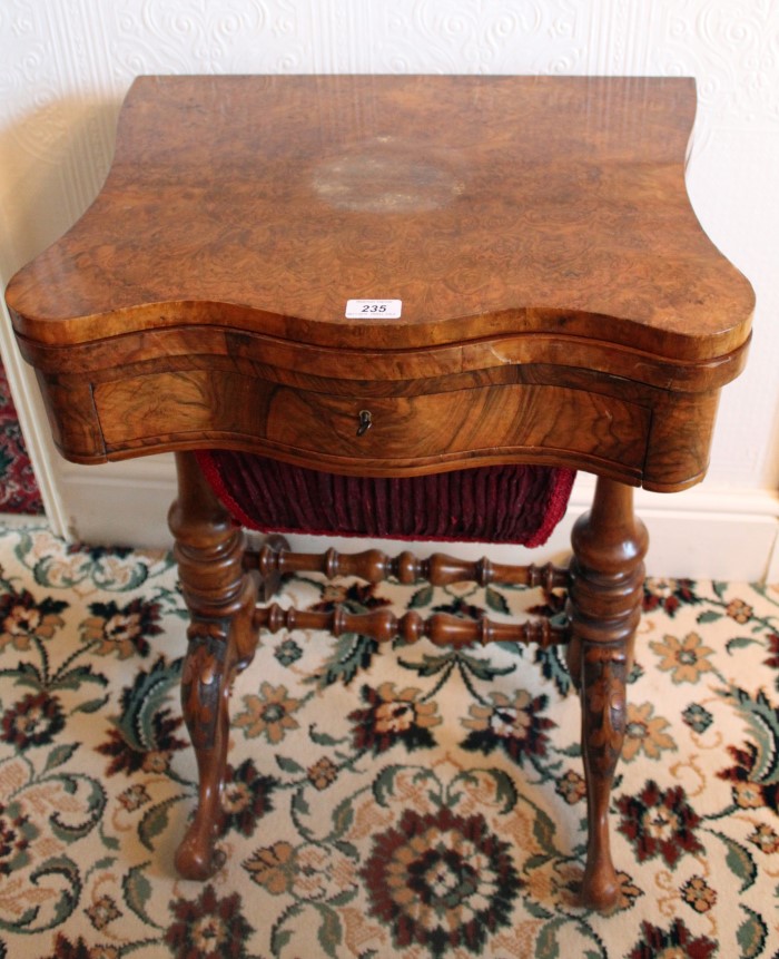 Victorian figured walnut games / sewing table of shaped outline, - Image 2 of 3