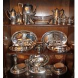 Mixed group of silver plated items to include pairs of entree dishes, tea set,