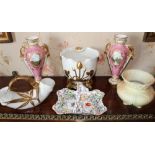 Group of decorative English porcelain to include pair of Coalport vases with hand-painted ornament,