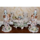 Collection of Dresden porcelain ornaments to include pair of figural candlesticks,