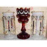 Pair of Victorian opaque glass lustres with gilt line detail and prismatic drops, 31cm high,