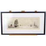 William Lionel Wyllie (1851 - 1931), signed etching - Norwegian timber ships leaving the Thames,