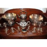 Two silver plated spirit kettles on stands, two silver plated punch bowls,