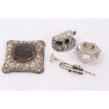 Vertu items comprising silver model of a trumpet, 8cm long, filled silver model of a badger,