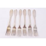 Set of six 19th century French silver fiddle pattern dinner forks,