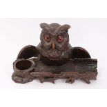 19th century Swiss Black Forest desk stand in the form of an owl with glass eyes,