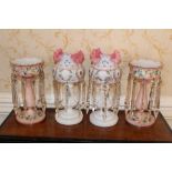 Pair of Victorian milk glass and enamelled lustres decorated with polychrome garlands with