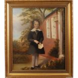 19th century English School oil on artist board - a Quaker child standing by a cottage,