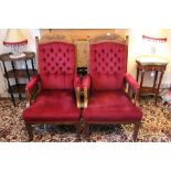 Pair of Edwardian oak framed buttoned back easy chairs with maroon velvet upholstery,