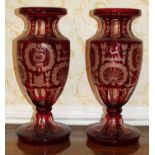 Fine pair of 19th century cranberry overlay glass vases,