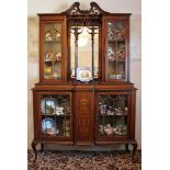 Edwardian inlaid mahogany two height display cabinet in the Art Nouveau taste with pierced cresting
