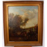 19th century East Anglian School oil on canvas - a wooded river landscape with eel traps in the