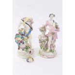 Pair of 18th century Bow porcelain figures raised on circular c-scroll bases,