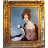 Early Victorian English school oil on canvas - portrait of a lady holding a rose, in gilt frame,