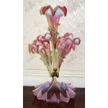 Late nineteenth / early twentieth century pink blown glass epergne with five trumpet formed vessels