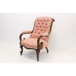 Early Victorian mahogany open armchair with William Morris-style button upholstery