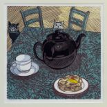 *Richard Bawden (born 1936), linocut - 'Tea for Two', signed, inscribed and numbered - '83/85',