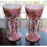 Large pair of late Victorian / Edwardian pink glass lustres with gilt lined polychrome floral