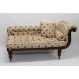 Mid-19th century scrolled sofa on turned and fluted legs and castors, reduced in size,