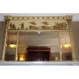Victorian cream and gilt painted overmantel mirror with classical frieze over three bevelled