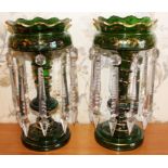 Fine pair of Victorian green glass lustres with gilt vine ornament and prismatic drops,