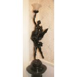 After Marcel Début late nineteenth century spelter lamp in the form of Mercury holding aloft a semi