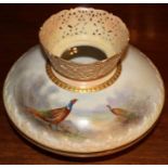 James Stinton for Royal Worcester, good reticulated blush ivory squat vase painted with pheasants,
