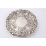 George IV silver salver with pierced vine and foliate knotwork border and repousse band,