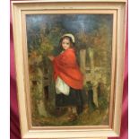 English School (late 19th century), oil on canvas - Girl in a red cloak, 88cm x 55cm,