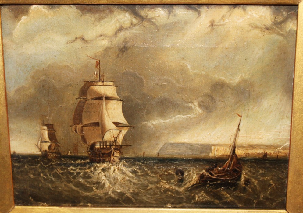 Pair of nineteenth century English school oils on canvas - shipping off the coast, in gilt frames, - Image 5 of 8