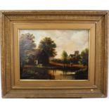 19th century English School - a river landscape with a figure by an overshot mill, a church beyond,