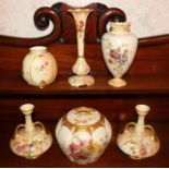 Pair of Royal Worcester blush ivory twin handled squat vases, 17cm high,