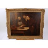 19th century Italian School oil on canvas - an interior scene with monks looking at a pike,