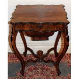 Nineteenth century Continental walnut and parquetry inlaid sewing table with hinged shaped top