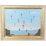 Geoffrey Grinling (1904 - 1985), oil on board - Surrealist landscape of egg cup hot air balloons,