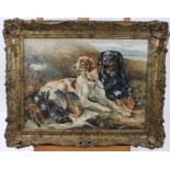 19th century English School oil on re-lined canvas - gun dogs guarding the day's bag,