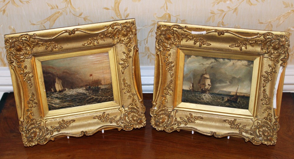 Pair of nineteenth century English school oils on canvas - shipping off the coast, in gilt frames,
