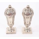 Good pair of Victorian engraved castors (BM, London 1881) each of baluster form on square foot,