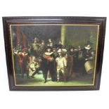 After Rembrandt, oil on canvas - The Night Watch, in ebonised frame inlaid with faux tortoiseshell,