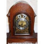 Edwardian inlaid mahogany arched bracket clock with gilded and silvered dial,