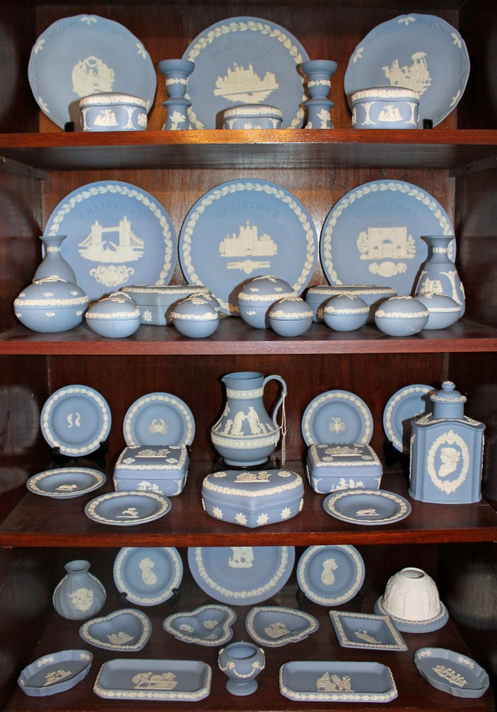 Large collection of modern Wedgwood Jasperware to include egg shaped boxes,