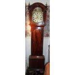Regency mahogany longcase clock, the arched painted dial with landscape spandrel signed T. E.