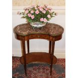 Late nineteenth century French mahogany and marquetry inlaid two tier étagère of kidney form with