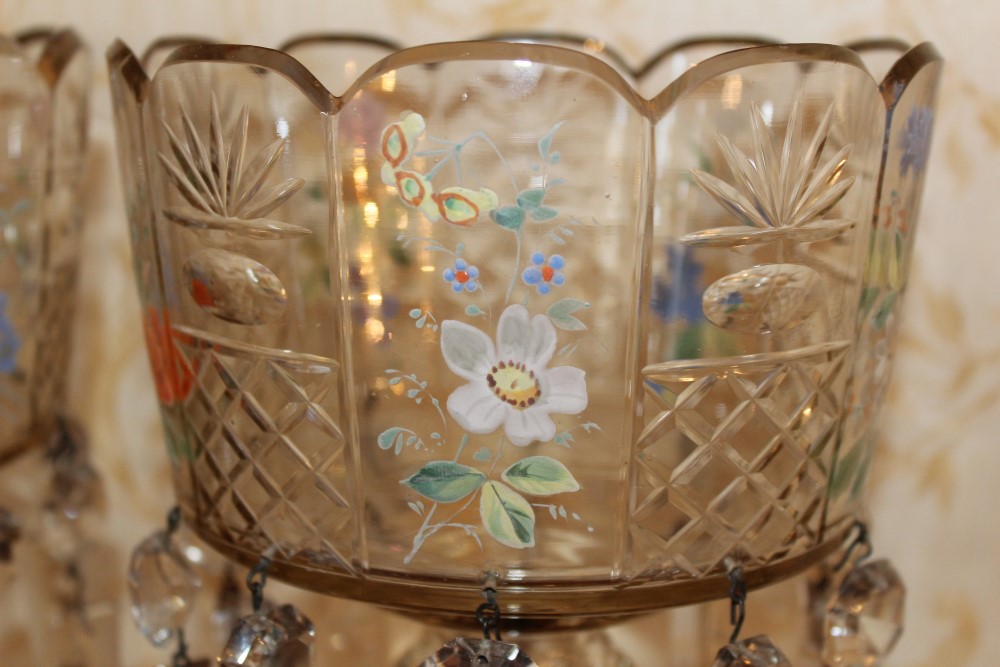 Good pair of nineteenth century cut glass and polychrome enamelled lustres with floral reserves and - Image 3 of 3