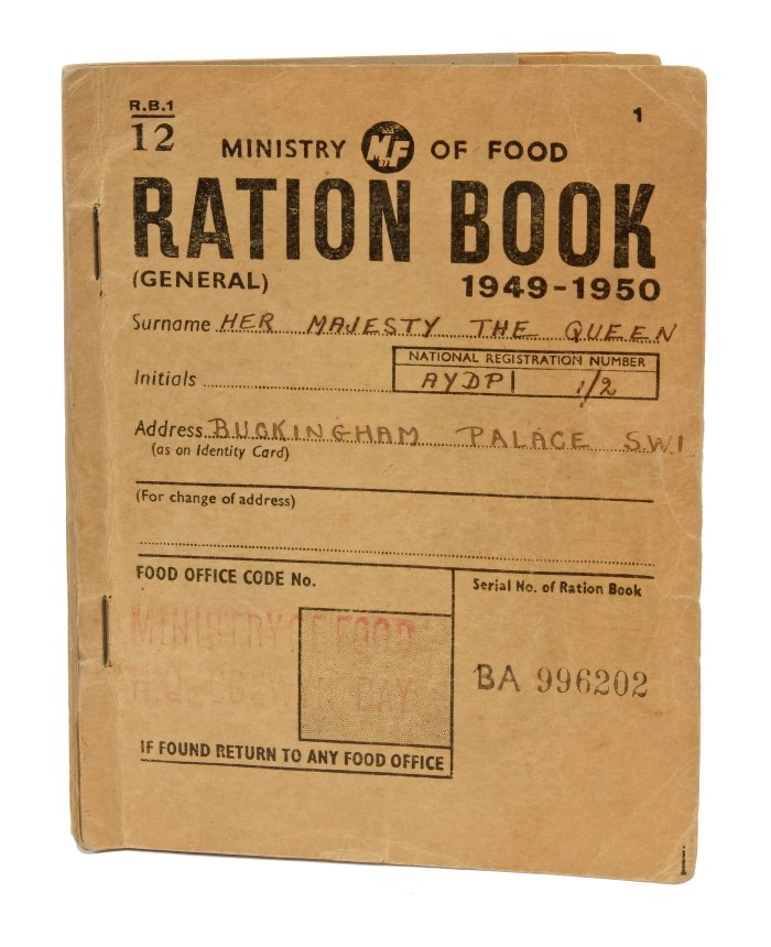 Rare 1940s Royal Ration book issued to 'Her Majesty The Queen, Buckingham Palace S.W.1.