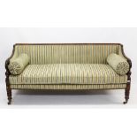 Good Regency mahogany framed sofa with reeded show-wood frame and striped upholstery on ring turned
