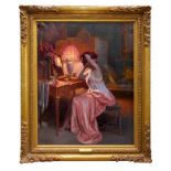 Delphin Enjolras (1857 - 1945), oil on canvas - a lady seated at her dressing table by lamplight,