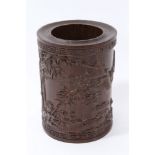 Chinese carved hardwood brush pot, relief carved with continuous frieze of bamboo,