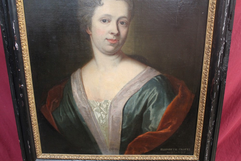 Pair early 18th century English School oils on canvas - portraits of Anthony and Elizabeth Crofts, - Image 5 of 9